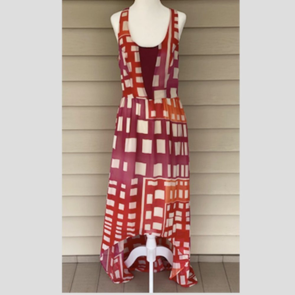 Fynn & Rose High-Low Maxi Dress Geometric Purple Orange Ivory Size 8